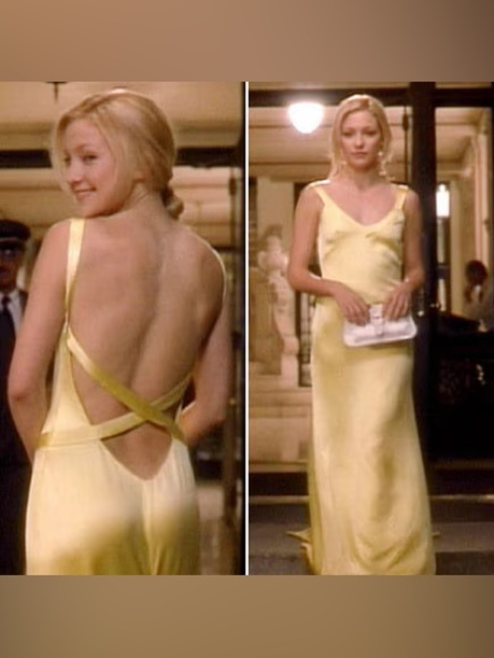 Yellow Satin Backless Slip Dress with Crisscross Straps